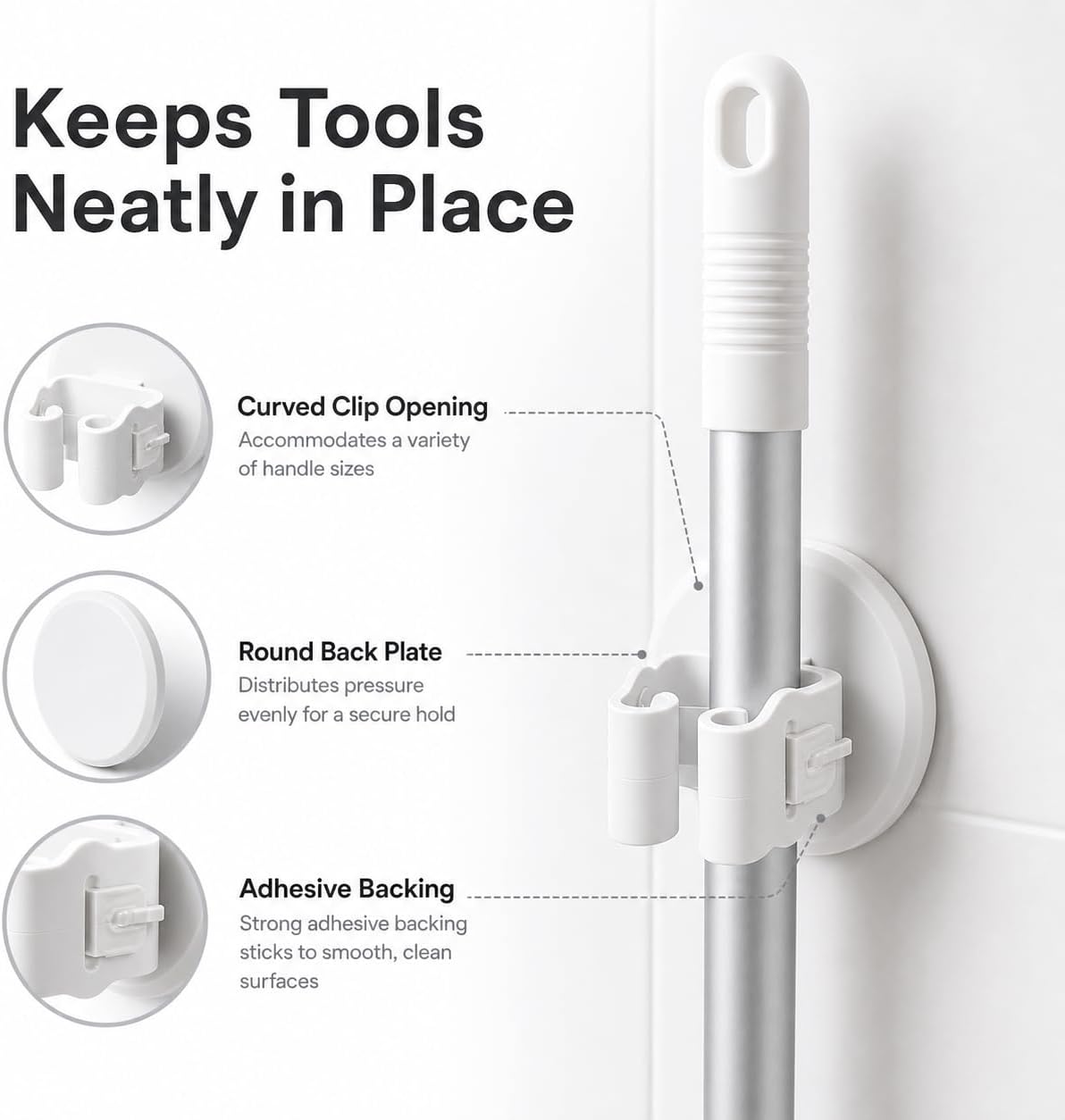 Broom and Mop Holder, Wall Mounted Round Clips, White ABS, No Drill Adhesive, 3 Pieces, Cleaning Tool Organizer for Kitchen, Bathroom, Garage