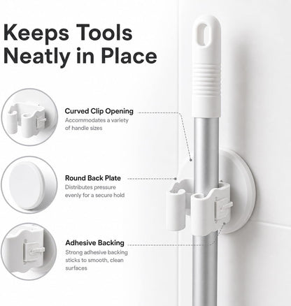 Broom and Mop Holder, Wall Mounted Round Clips, White ABS, No Drill Adhesive, 3 Pieces, Cleaning Tool Organizer for Kitchen, Bathroom, Garage
