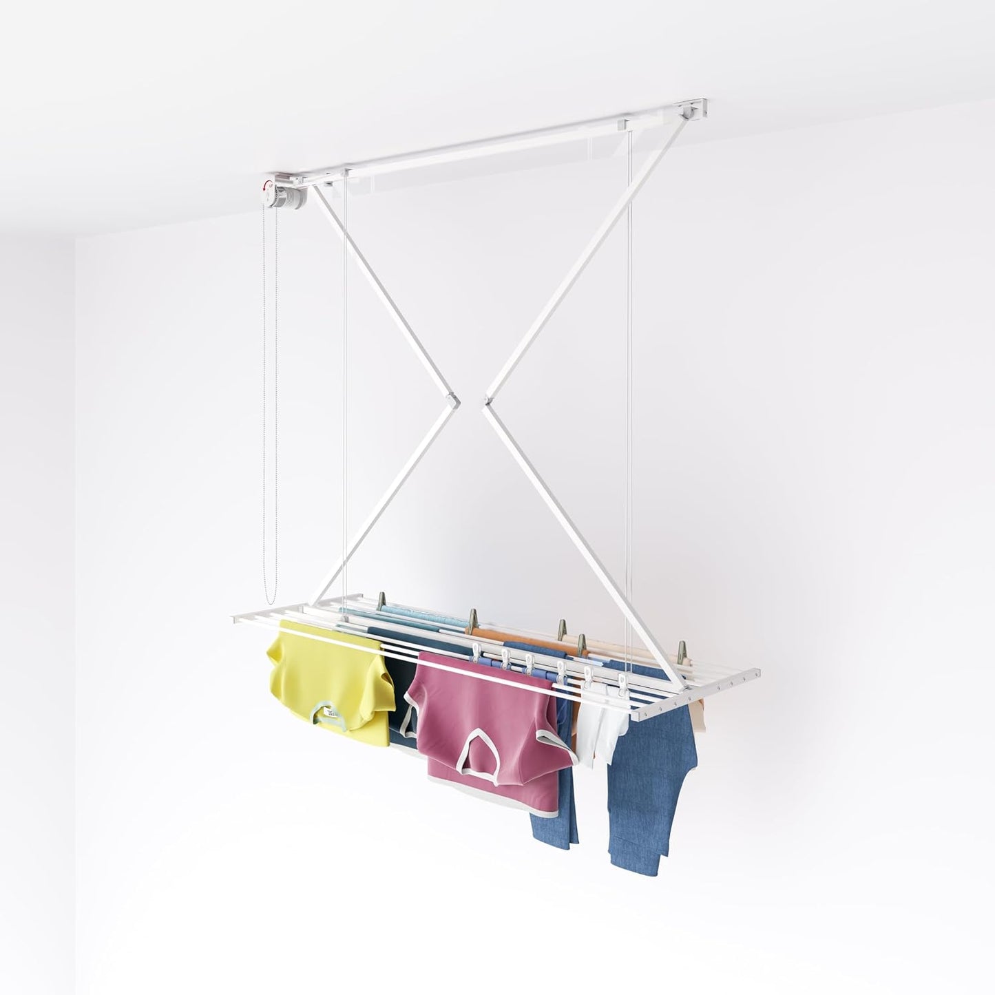 foxydry Mini, Ceiling Mounted Clothes Drying Rack, Pulley Clothesline, Vertical Folding Laundry Drying Rack 21.26" D x 59.84" W x 9.84" H