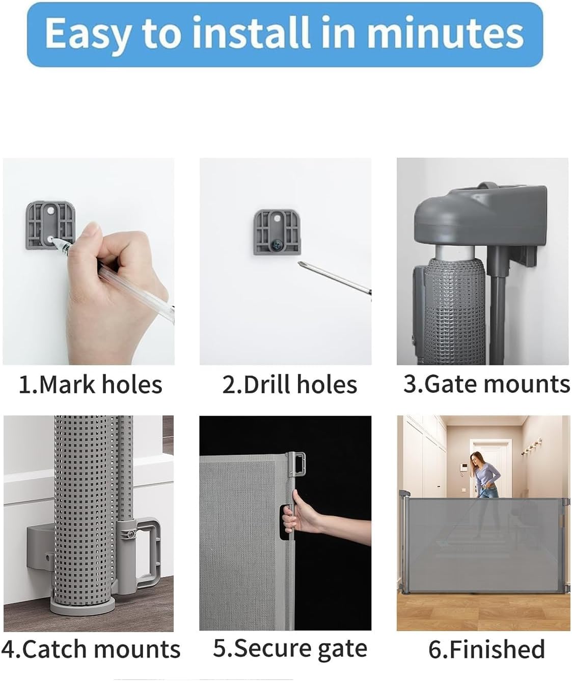 Retractable Baby Gate for Stairs – 33” Height, Expands up to 55” Width – Safety Gate for Infants, Toddlers, Dogs & Pets – Easy Install, Secure Closure, White Mesh Design for Indoor & Outdoor Use