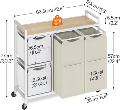 HOOBRO Laundry Sorter with 4 Section, 34 Gal. (127 L) Laundry Hamper with Wheels, Rolling Laundry Basket with Shelves, Pull-Out Detachable Bags, Side Pockets, White, Natural and Beige WNE14XY01N1