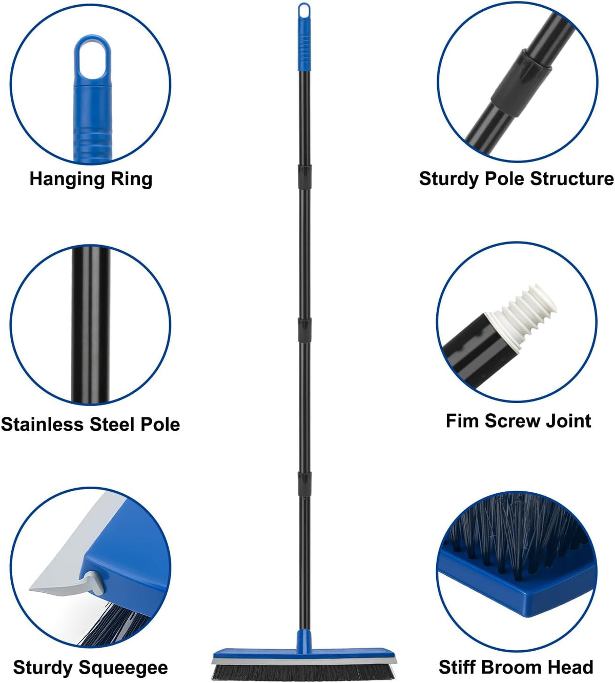16 Inch 2-in-1 Squeegee Push Broom Outdoor Deck Brush 58" Long Handle for Patio Garage Warehouse Driveway Concrete Floor Cleaning Scrubbing(Blue)
