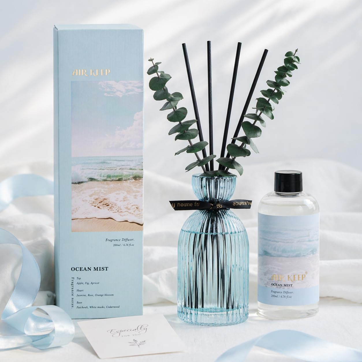 Airkeep Reed Diffuser Set 6.76 oz – Cherry Blossom Home Fragrance with Eucalyptus Sticks – Decorative Glass Bottle for Bathroom, Bedroom & Living Room Décor – Gift Ready