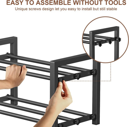 2 Tier Shoe Rack - Expandable Shoe Organizer for Closet, Adjustable Metal Shoe Shelf Storage, Stackable Long Shoe Stand Holder for Garage, Entryway, Door Entrance