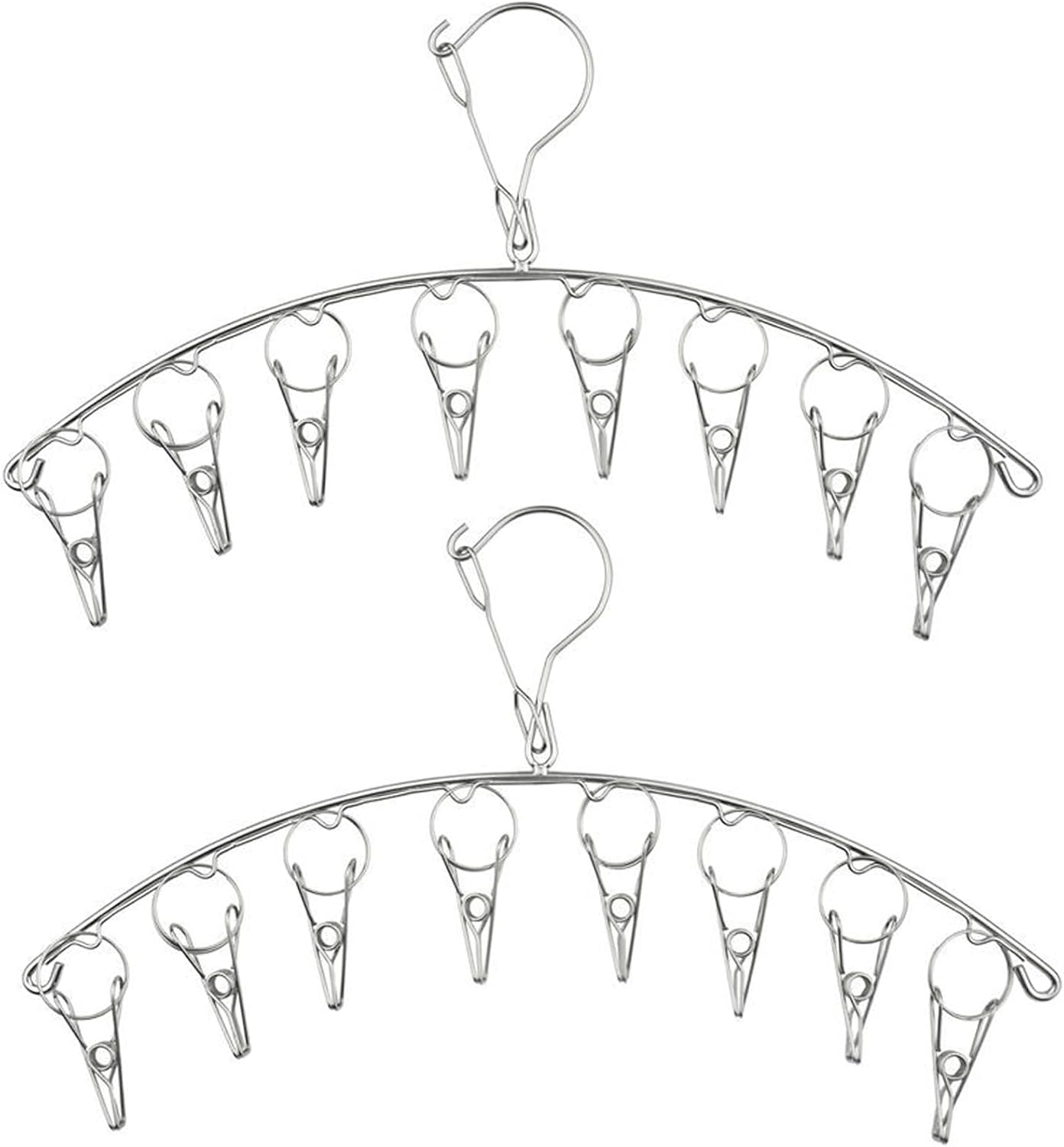 2Pcs Clothes Drying Hanger with 16 Clips, Stainless Steel Sock Air Drying Rack, Windproof Anti-Lost for All Small Laudry Item and Herbs