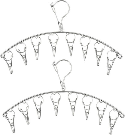 2Pcs Clothes Drying Hanger with 16 Clips, Stainless Steel Sock Air Drying Rack, Windproof Anti-Lost for All Small Laudry Item and Herbs