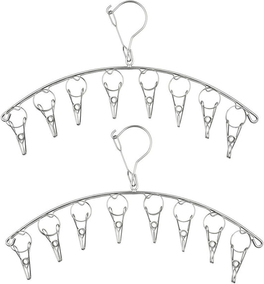 2Pcs Clothes Drying Hanger with 16 Clips, Stainless Steel Sock Air Drying Rack, Windproof Anti-Lost for All Small Laudry Item and Herbs