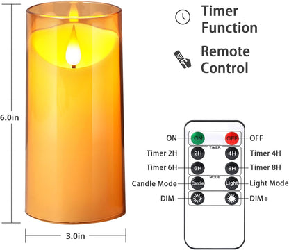 NURADA Flameless Candles with Remote Timer - Glass Real Wax 3D Wick LED Pillar Votive Candle Set Battery Operated Flickering Light for Home Christmas Decoration - White 3 Pack