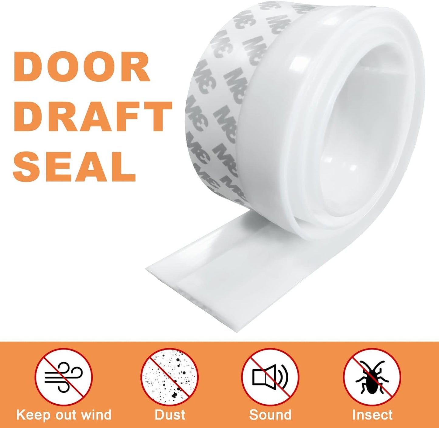 Door Draft Stopper Under Door Draft Blocker Insulator Door Sweep Weather Stripping Noise Stopper Strong Adhesive 39'' Length, White, 45, 1.77x39.37
