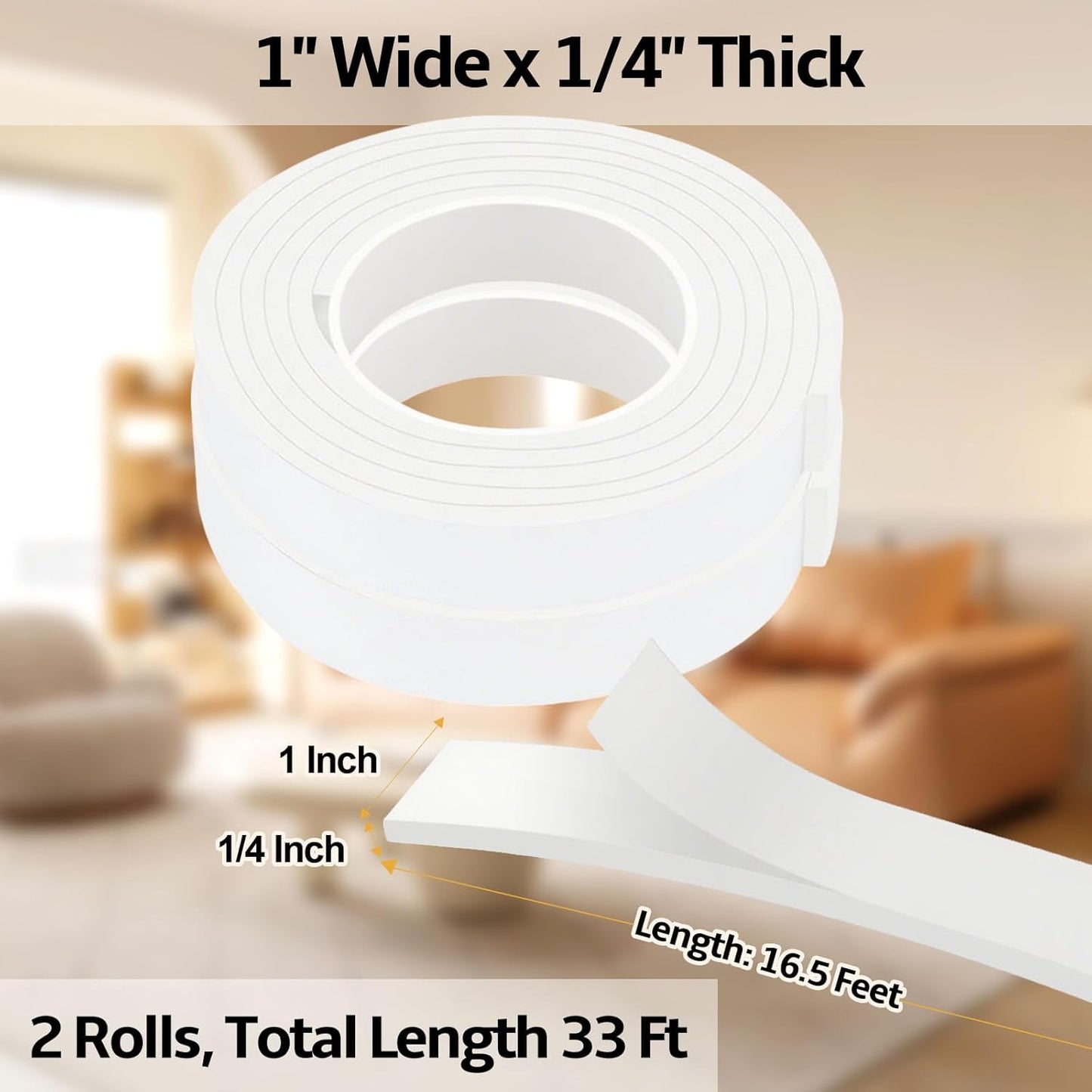 Foam Weather Stripping Door Seal,1 Inch W x 1/17 Inch T x 33 Feet White Window Sealing Tape，Single-Sided Self-Adhesive Insulation Sealing Strip