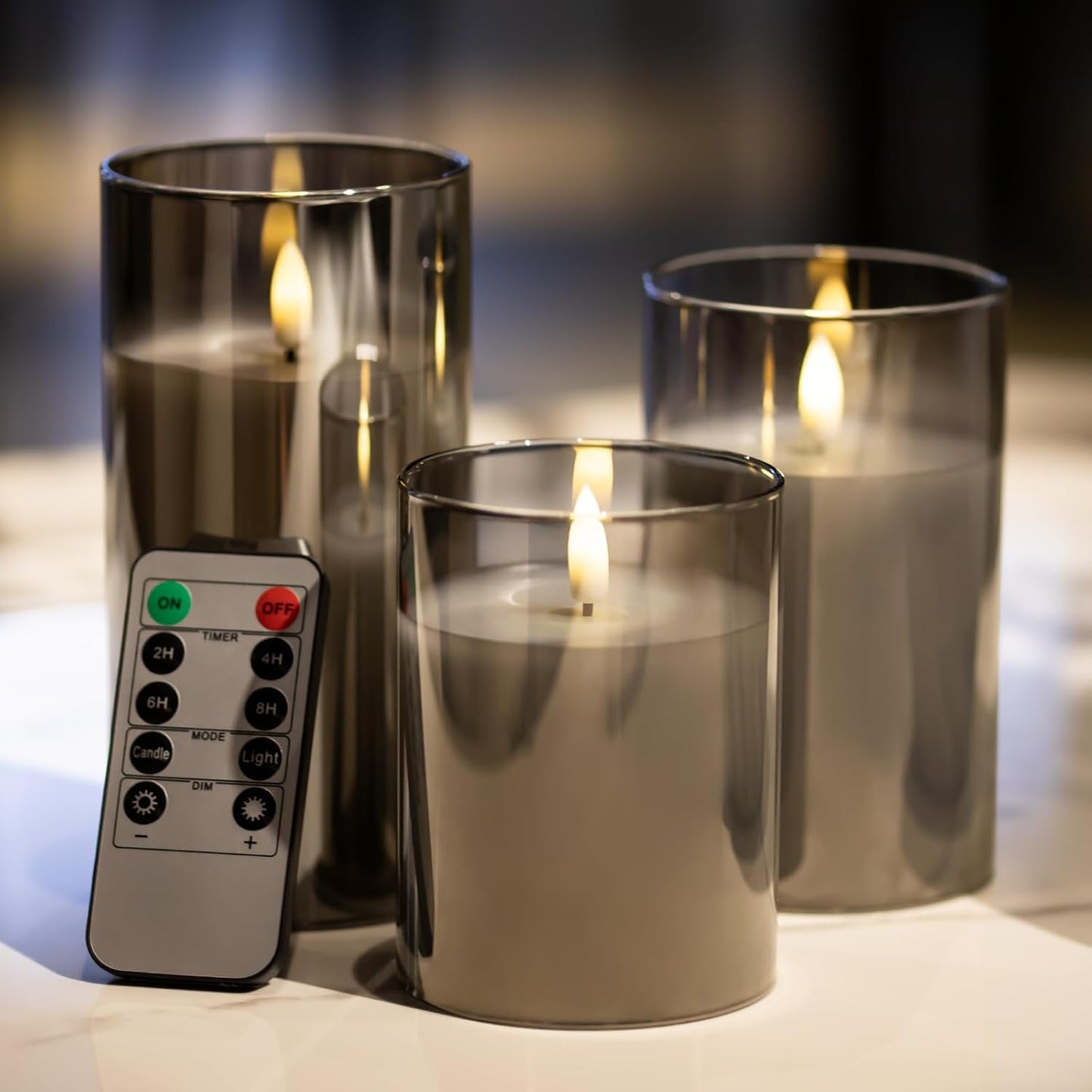 Blue Flameless Candles with Remote, Real Wax Glass Battery Operated Candles with Timer, LED Pillar Candle for Bedroom Home Wedding Birthday Party Fall Halloween Christmas Decorations, Set of 3