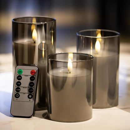 Blue Flameless Candles with Remote, Real Wax Glass Battery Operated Candles with Timer, LED Pillar Candle for Bedroom Home Wedding Birthday Party Fall Halloween Christmas Decorations, Set of 3
