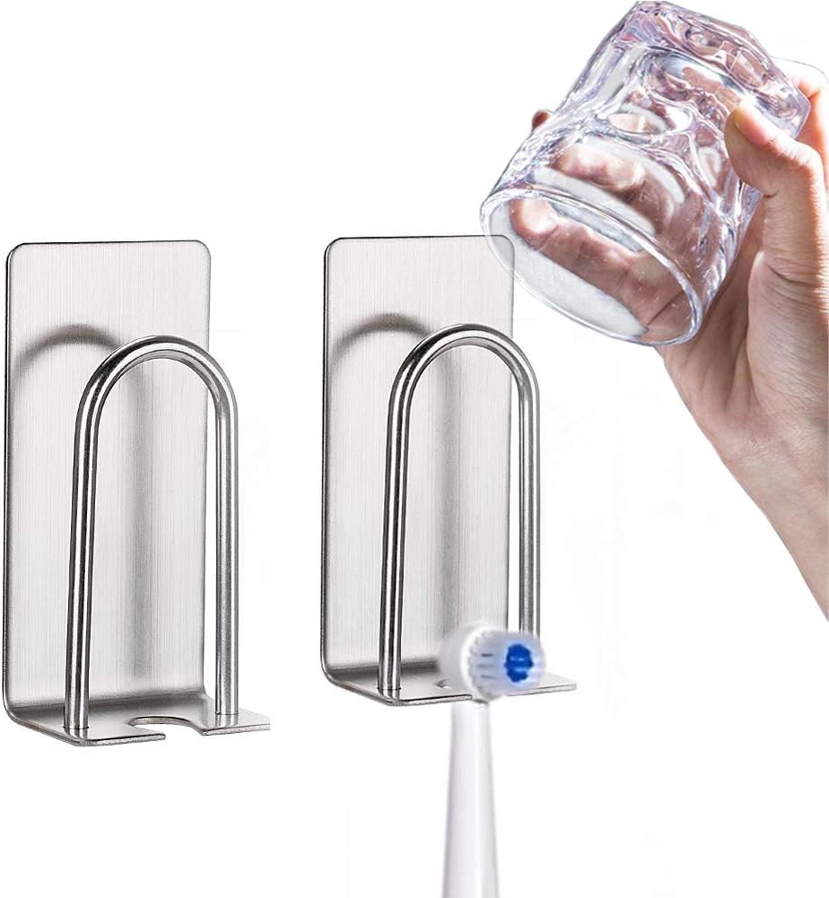 HANZE 2 Pack Toothbrush Holder 304 Stainless Steel Adhesive Wall Mounted 3 in 1 with Toothbrush Holder Toothpaste Holder and Cup Holder for Bathroom Shower