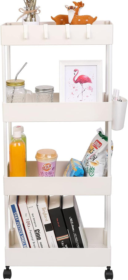 4 Tier Slim Rolling Utility Kitchen Cart Bathroom Organizer for Narrow Places Multipurpose Storage Shelve Mobile Trolley for Bedroom Laundry Office Restaurant Garage Pantry (Black)
