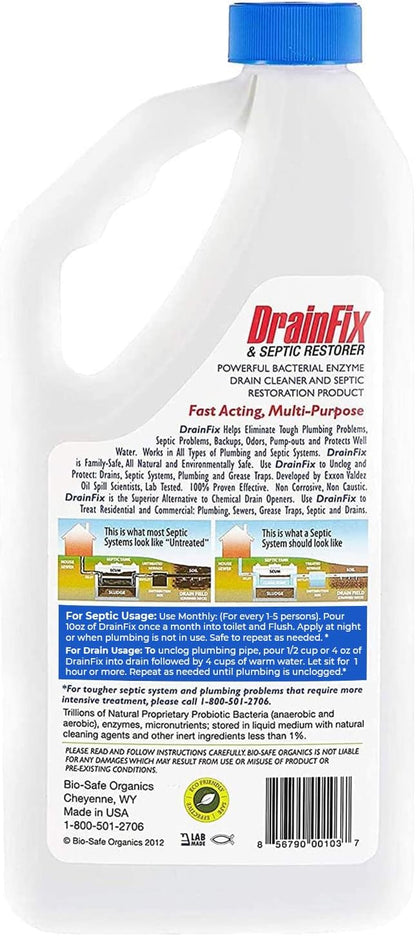 DrainFix & Septic Restorer – 32 oz Enzyme Septic Tank Treatment & Drainfield Restoration – Organic Drain Cleaner for Sewer Lines, RV & Home Plumbing – Safe for Pipes & Septic Systems
