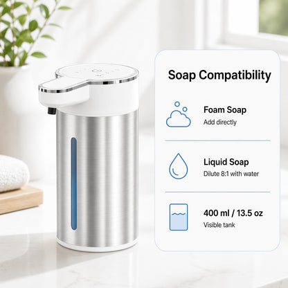Automatic Foaming Soap Dispenser Touchless, 304 Stainless Steel Hand Soap Dispenser, USB Rechargeable, 4 Adjustable Levels, 13.5 oz (400 ml), for Kitchen & Bathroom (Black, Foam)