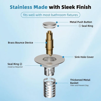 Universal Metal Bathroom Sink Drain Strainer Hair Catcher Upgraded 3 in 1 Pop-up Sink Stopper, with Detachable Stainless Steel Filter Basket, Fit for Standard 1.1''~2.36'' Basin Hole, Brushed Nickle