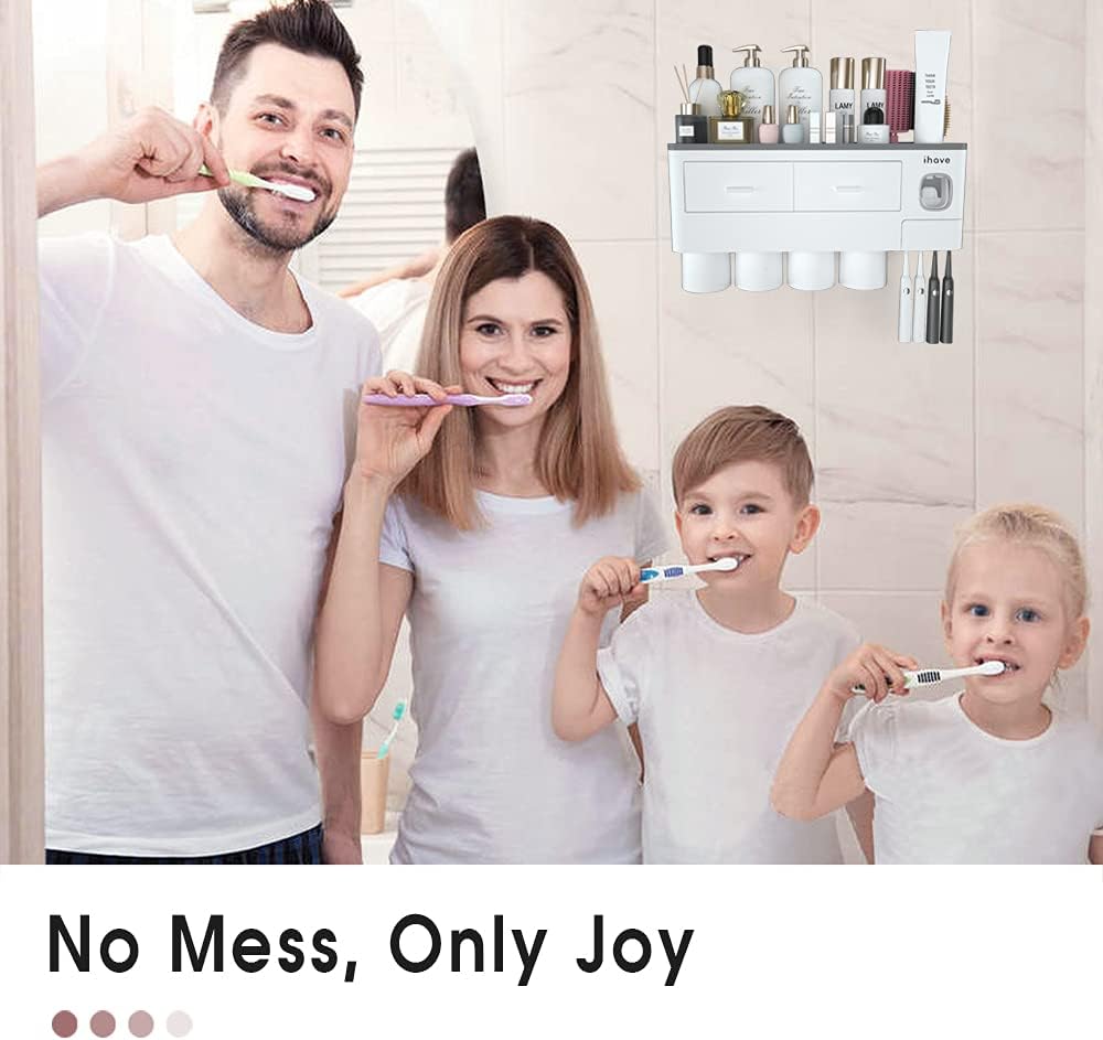 iHave Toothbrush Holders for Bathrooms, 2 Cups Toothbrush Holder Wall Mounted with Toothpaste Dispenser - Large Capacity Tray, Cosmetic Drawer - Tooth Brushing Holder & Bathroom Accessories
