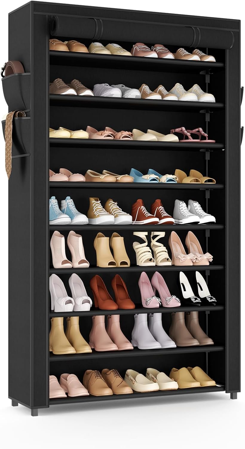 VILICK Shoe Rack with Cover Narrow Shoe Organizer with 4 Side Pockets 10 Tier Tall Shoe Storage Holds 18-22 Pairs Shoes and Boots Shoe Rack for Closet Entryway Garage