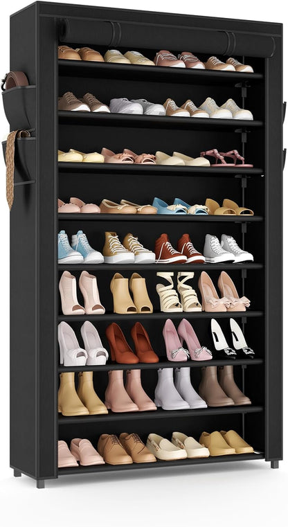 VILICK Shoe Rack with Cover Narrow Shoe Organizer with 4 Side Pockets 10 Tier Tall Shoe Storage Holds 18-22 Pairs Shoes and Boots Shoe Rack for Closet Entryway Garage