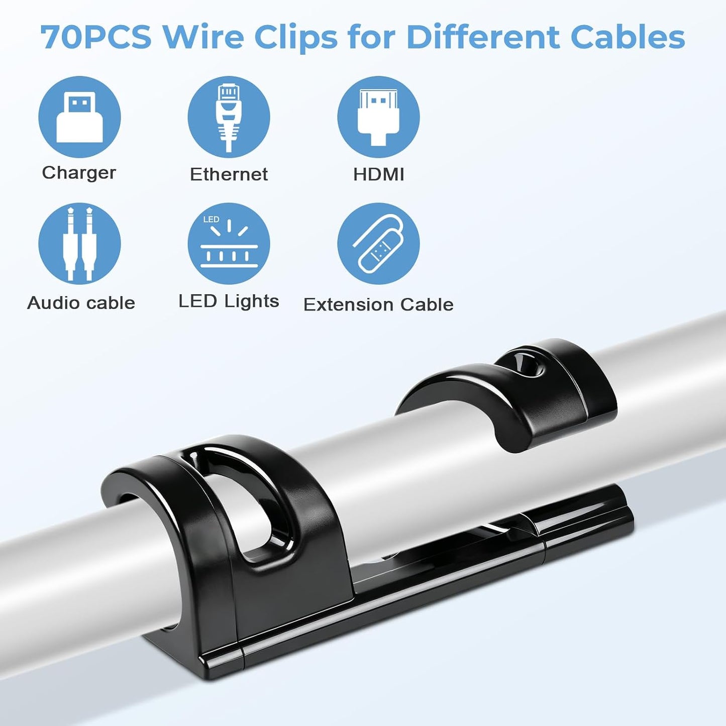 VIPMOON 70Pcs Self Adhesive Bendable Cable Clips, Screw Mountable Wire Organizer, Wire Management Clips for Car Desk Home Office TV PC Ethernet Cables, Fits 5-7mm Diameter Cables, Black