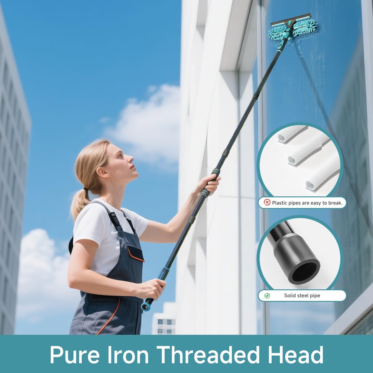 Buysenton Professional 2-in-1 Window Squeegee Cleaner Tool with 62" Extension Pole, Rotatable Bendable Head & Scrubber, Car Glass Cleaning Kit for Windows, Shower, Gas Station - 1 Blade 2 Scrubber