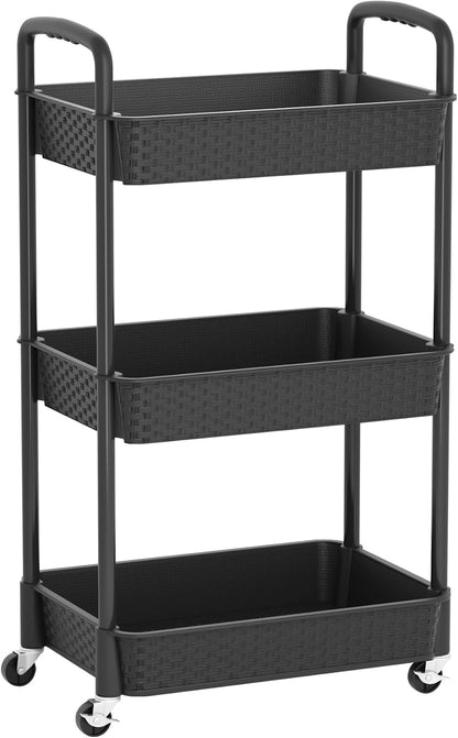 MOYIPIN 3-Tier Plastic Rolling Utility Cart with Handle,Utility Storage Cart for Office, Living Room, Kitchen,Movable Storage Organizer Shelves,White