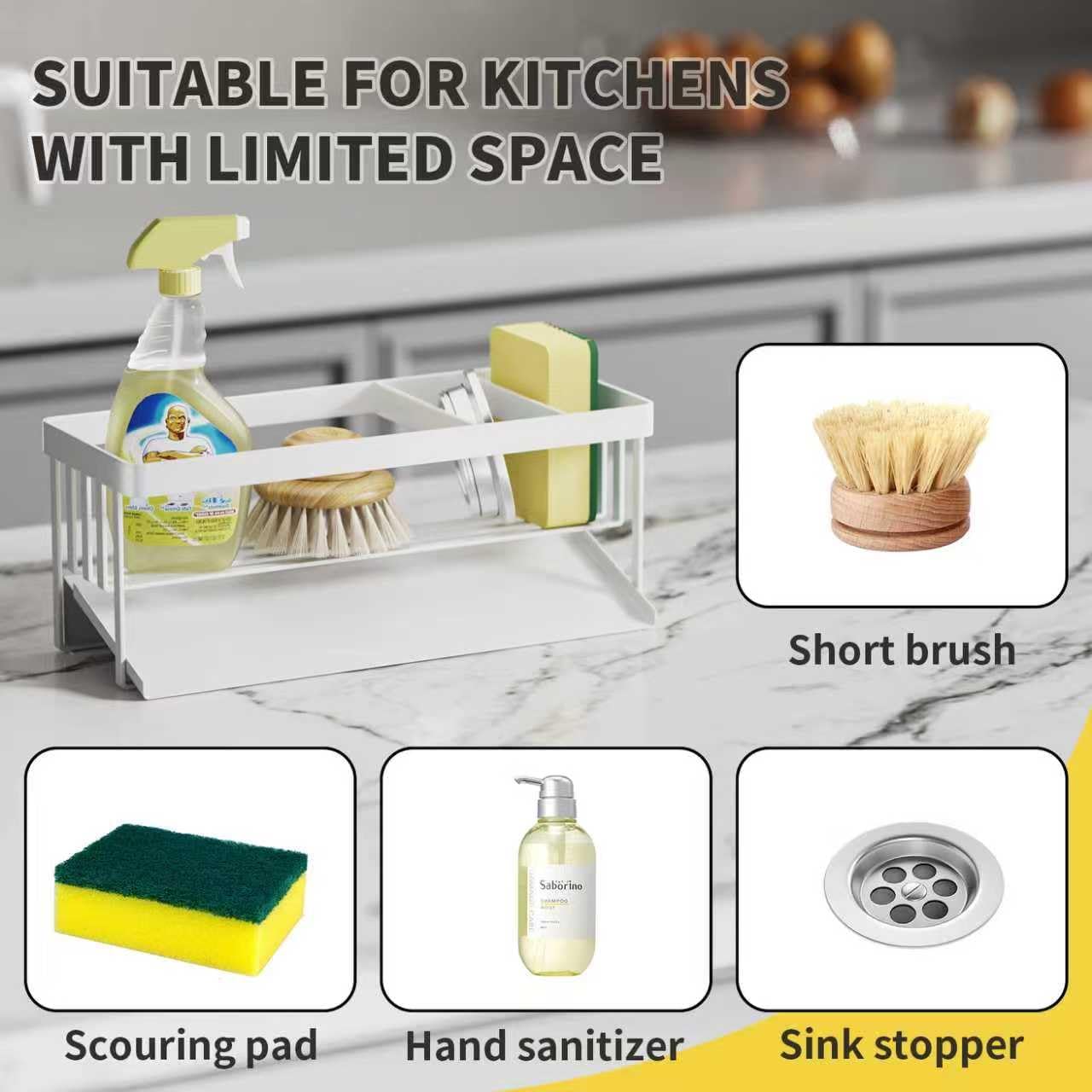 Kitchen Sink Caddy Organzier with Sponge Holder and Removable Drip Tray for Kitchen Sink, 304 Stainless Steel Organize for Sponge Soap Dish Brush Storage Accessories(Black)