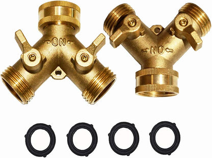HQMPC Garden Hose Y Valve Splitter Brass Hose Splitter With Stainless Steel Long Handle Brass Garden Hose Adapter 2 Way Y Valve 3/4" GHT Thread 2pcs