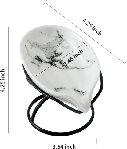 Dobbyby Leaf-Shaped Soap Dish – Premium Ceramic Soap Bar Holder with Self-Drainage System – Bar Soap Holder for Shower, Bathroom Sink, Kitchen – Waterfall Soap Dish with Stainless Steel Stand (SLIVER)