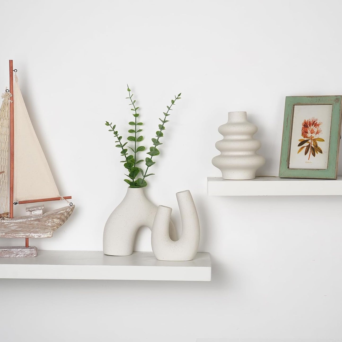 CUCUMI Ceramic Vase Set of 5, Home Decor Farmhouse Décor Handmade Pottery Vases for Pampas Grass, Dried Fresh Flowers, Table, Living Room, Kitchen, Shelf, Entryway Mantel Neutral Tones