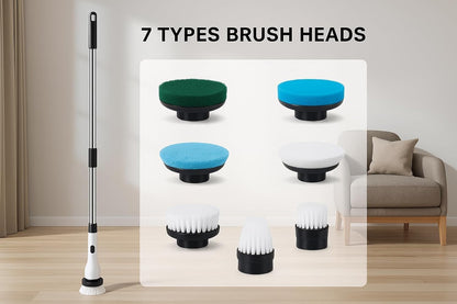 7-in-1 Electric Spin Scrubber, 25W Powerful Cordless Cleaning Brush with Adjustable Handle & 7 Replaceable Heads for Bathroom, Floor, Tile, Kitchen & Car