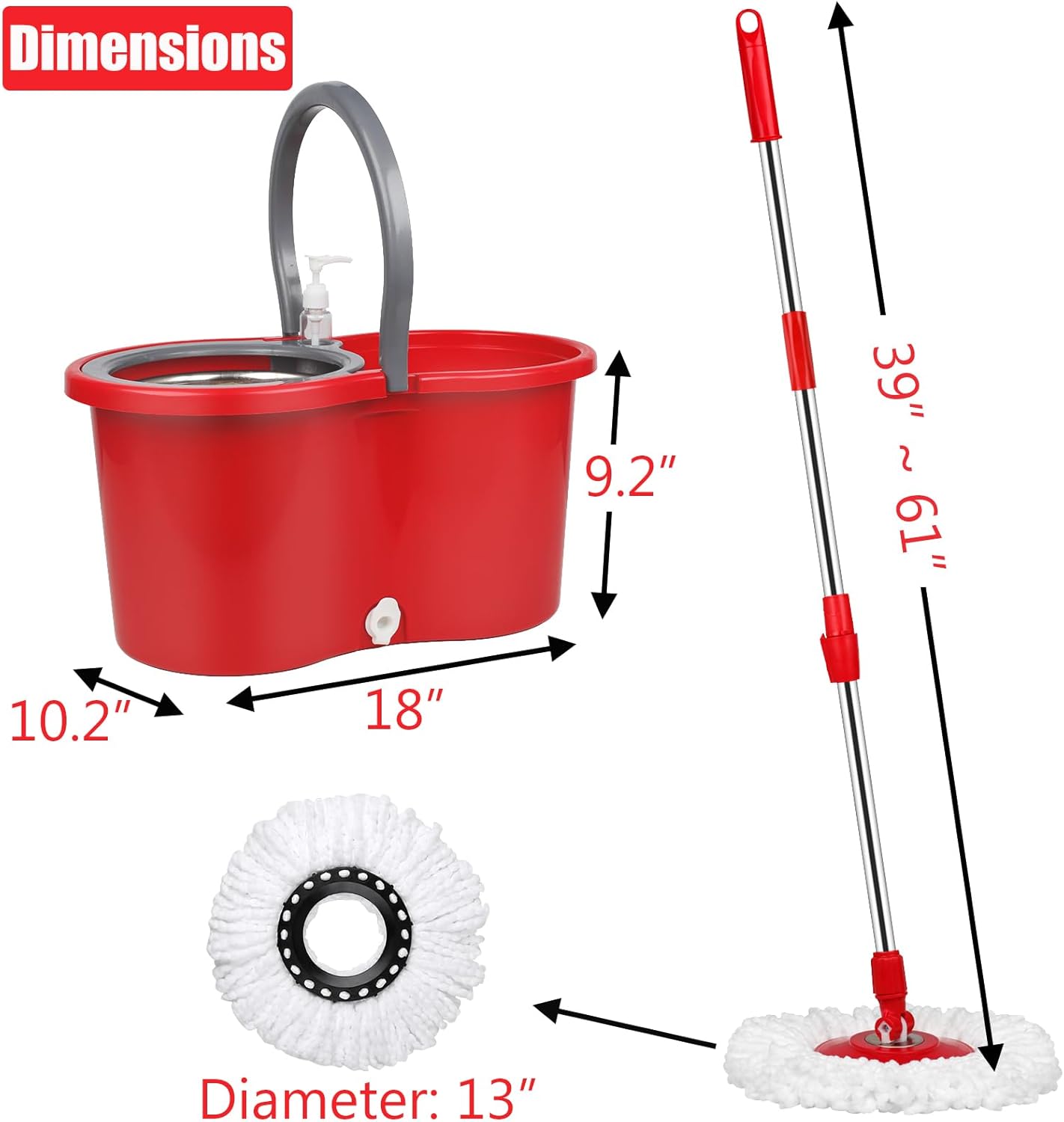 Spin Mop and Bucket with Wringer Set, 360° Spinning Mop Bucket System with 3 Microfiber Mop Replacement Heads and 61" Stainless Steel Adjustable Handle for Floor Cleaning