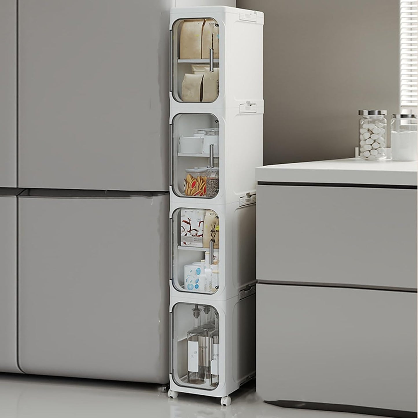 4-Tier Stackable Narrow Storage Cabinet with Wheels and Doors,Slim Plastic Rolling Cart with Adjustable Shelves,Foldable Floor Cabinets for Small Space, Bathroom,Kitchen,Beige