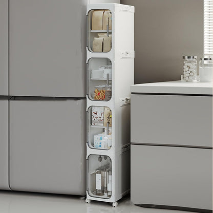 4-Tier Stackable Narrow Storage Cabinet with Wheels and Doors,Slim Plastic Rolling Cart with Adjustable Shelves,Foldable Floor Cabinets for Small Space, Bathroom,Kitchen,Beige