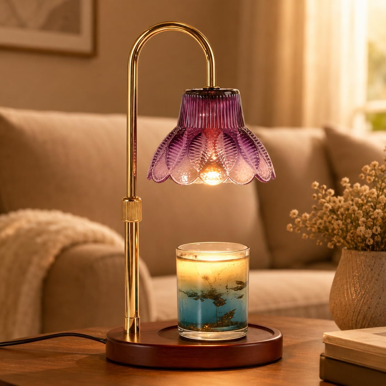 Candle Warmer Lamp with Timer, Dimmer, Vintage Glass Shade | Adjustable height, 2/4/8-hour timer, wood base, 2 bulbs included