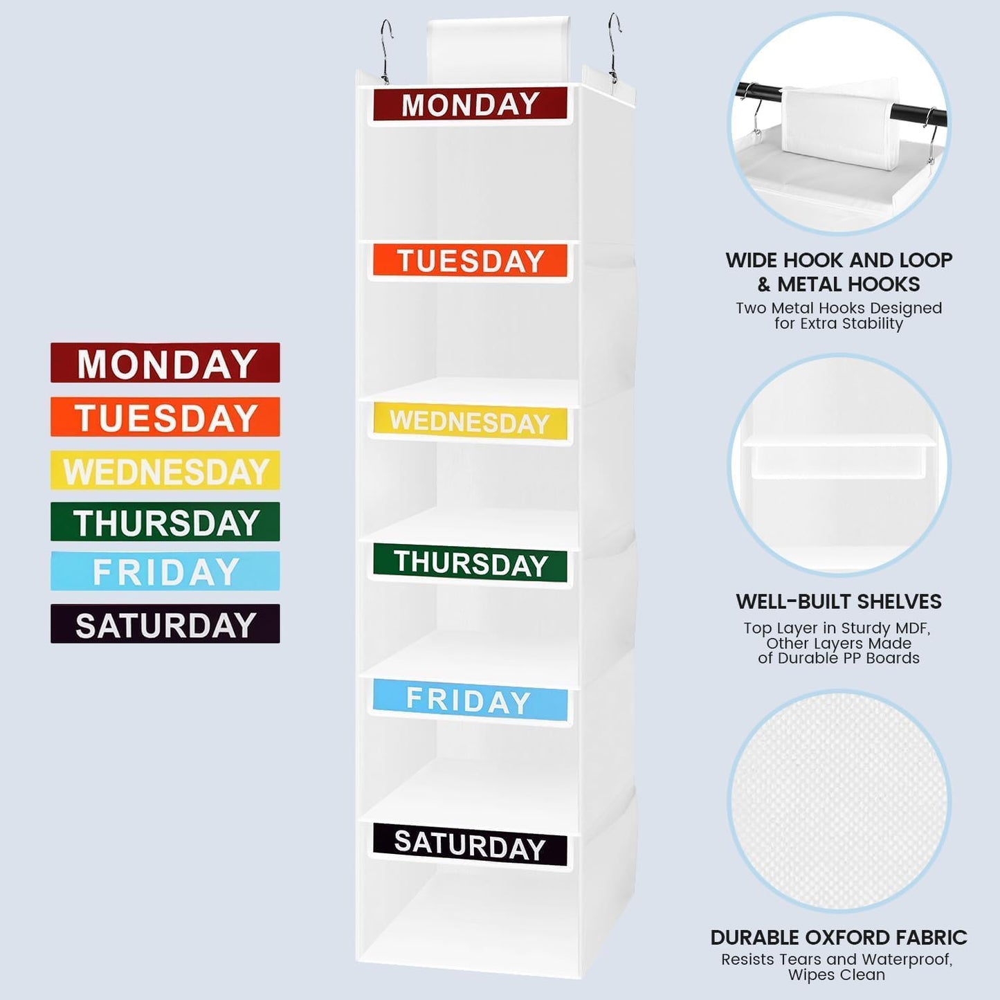 Weekly Clothes Organizer for Kids, 5-Shelf Kid Hanging Closet Organizer w/ 6 Side Pockets, Labeled Weekly Outfit Organizer for Kids, Days of The Week Clothes Organizer Monday Through Friday White