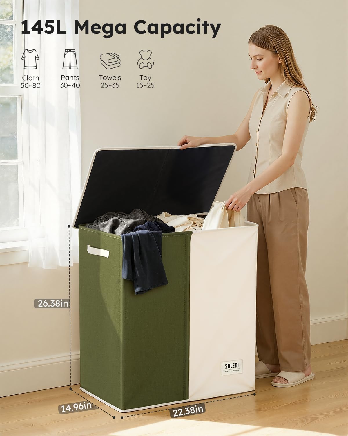 SOLEDI Luxury Double Laundry Hamper with Lid and Removable Bags, 38.3 Gal Large Laundry Bin, Laundry Basket 2 Sections, Collapsible Clothes Hamper for Bedroom, Laundry Room, Bathroom, Off-white
