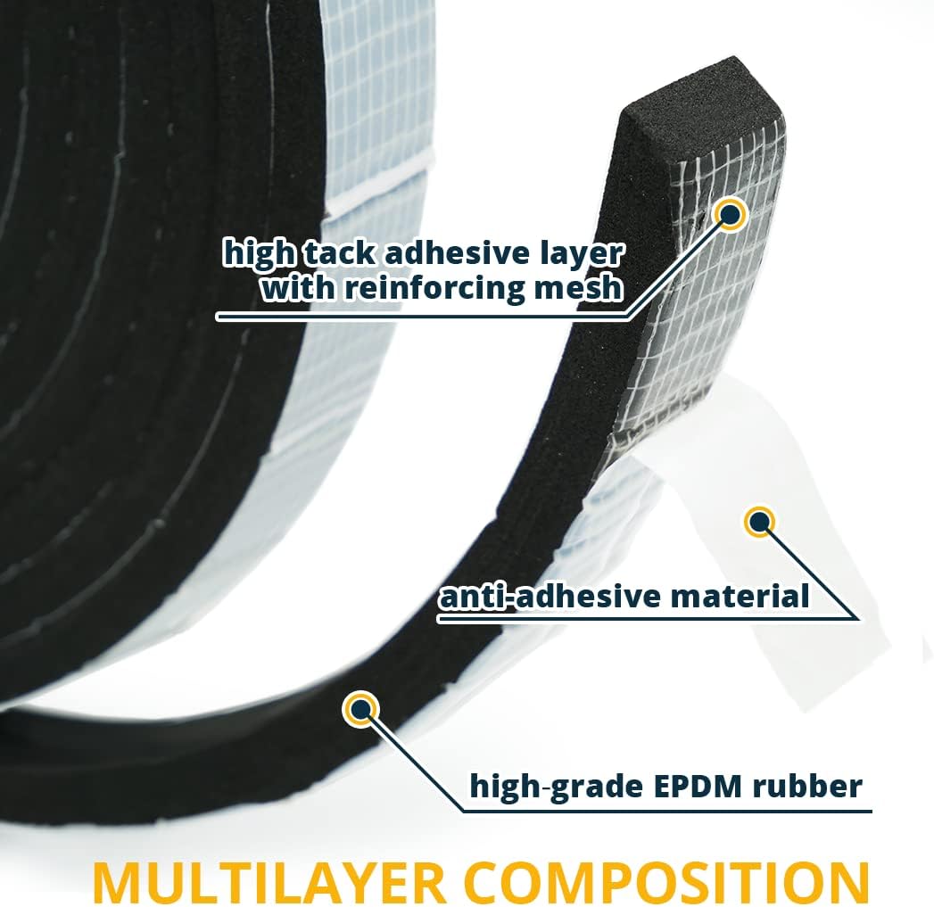 Alenor EPDM Black Foam Insulation Tape Self Adhesive 1/8"x1" x 50' Ft –Pack of 1- Weather Stripping for Doors & Windows,Soundproofing,Door Seal,Weatherstrip,Pipe Cooling,Air Conditioning Seal Strip