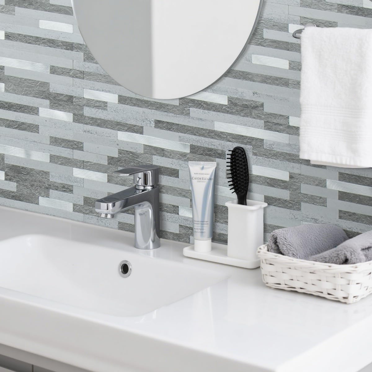 AULIGET 20 Sheets Peel and Stick Backsplash, Black & Grey Wood Look PVC Mixed Metal Stick on Backsplash Tiles for Kitchen