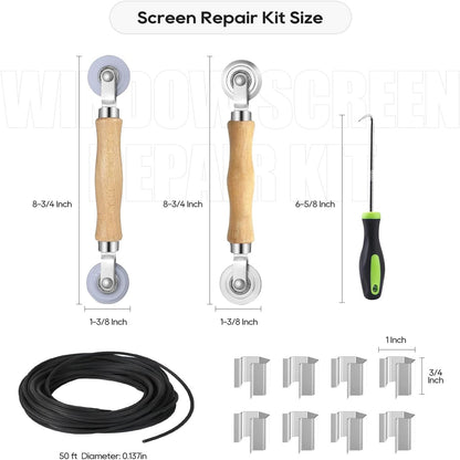 King&Charles Window Screen Door Repair/Replacement Kit, Include Black Screen Mesh 48"x118"+ 2 Roller+50Ft Spline+8Clips+Hook, 6 in 1 Window Mesh Kit, Steel/Nylon Bearing Roller
