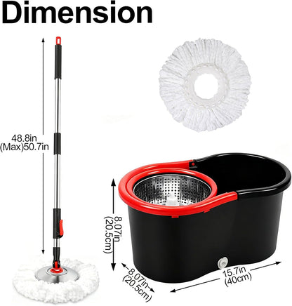 Spin Mop and Bucket with Wringer Set, 360°Rotating Head Mop Bucket System, 3 Replacement Mop Heads for Floor Cleaning (Black & Red) (Three mop Heads)