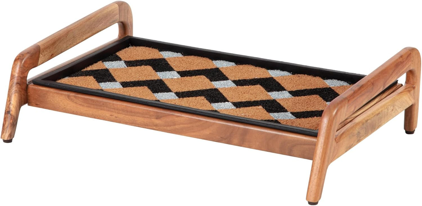 Anji Mountain Heavy Duty Waterproof Wooden Shoe Storage Mat Organizer/Boot Storage Tray Multi Use for Entryway with Coir, Tan Rectangle Embossed Insert, 1 Tier, Fits 2 Pair (26.5" Wide)