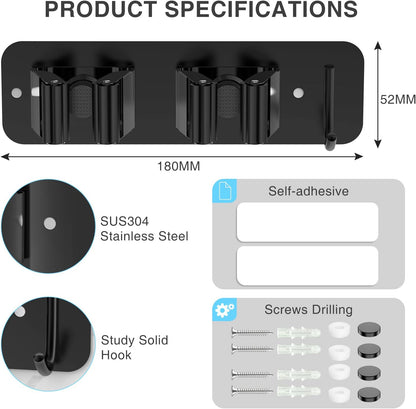 homeasy Wall Mount Mop and Broom Holder, Heavy Duty Stainless Steel Organizer Rack with Hooks | 2-Pack, 2-in-1 No Drill & Screw Installation, Black