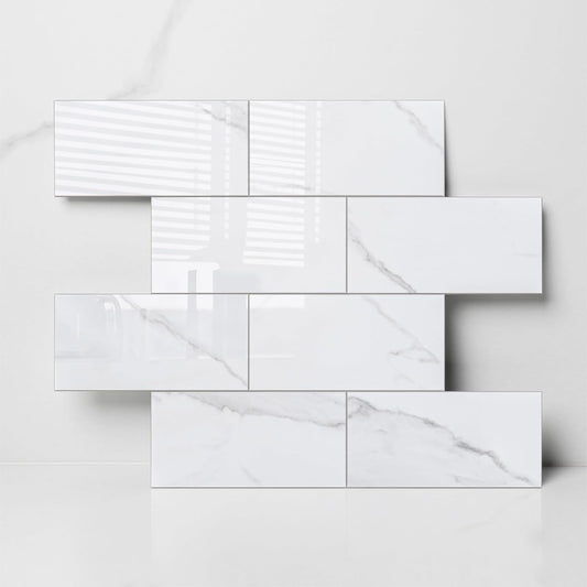 Colamo Luxury 10-Sheet Peel and Stick Backsplash,Self Adhesive Faux Stone 12”x12” White Subway Tile for Kitchen,Glossy Waterproof Carrara Brick Marble Look,Stick on Accent Wall for Bathroom,Bedroom