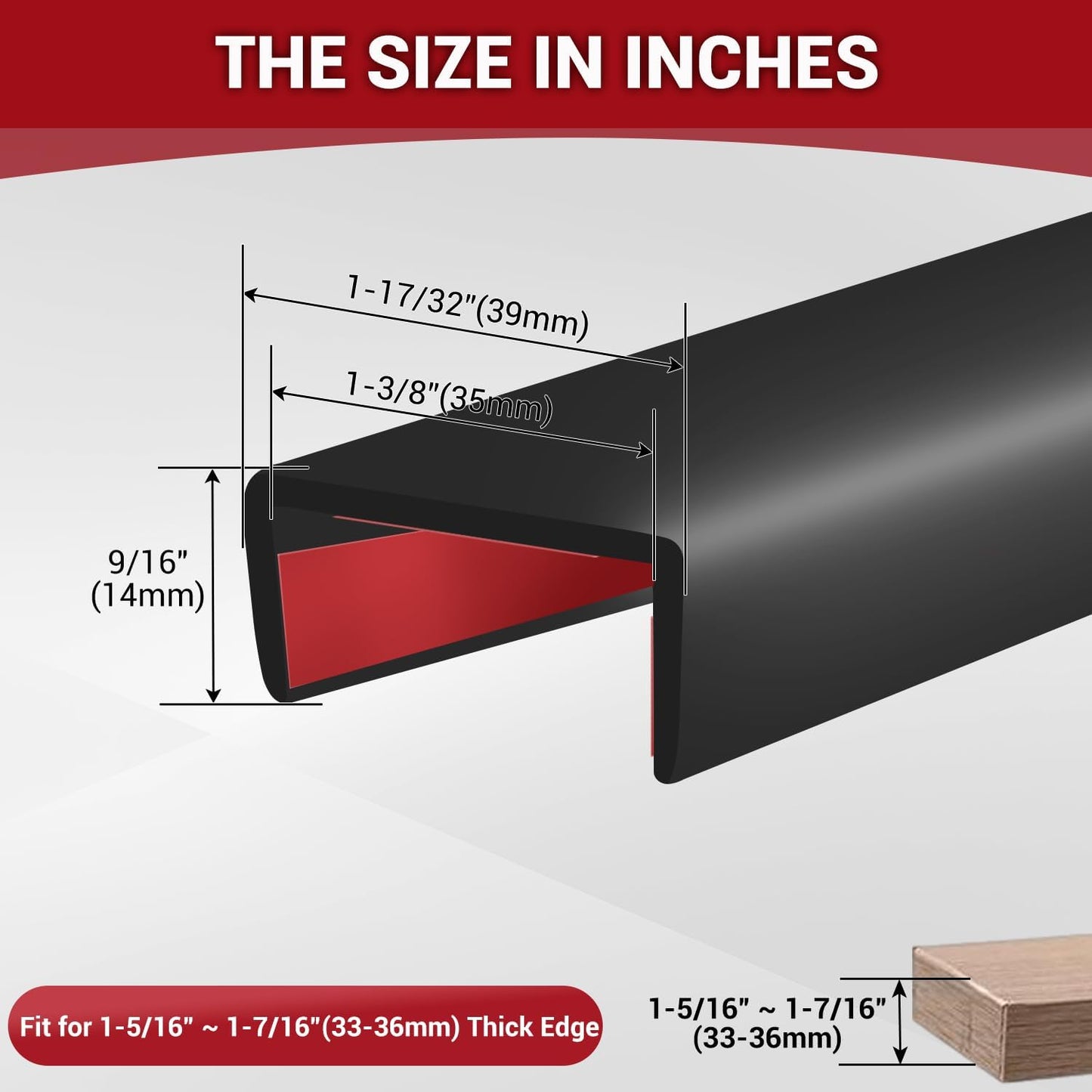 Slimline Cabinet Door Edge Protector, 3/4" Self Adhesive Peel and Stick Rubber Edge Guards, Flexible U Shaped Strips for Kitchen & Garbage Drawer Fronts, Edge Trims for Desks and Shelfves, Black, 10Ft