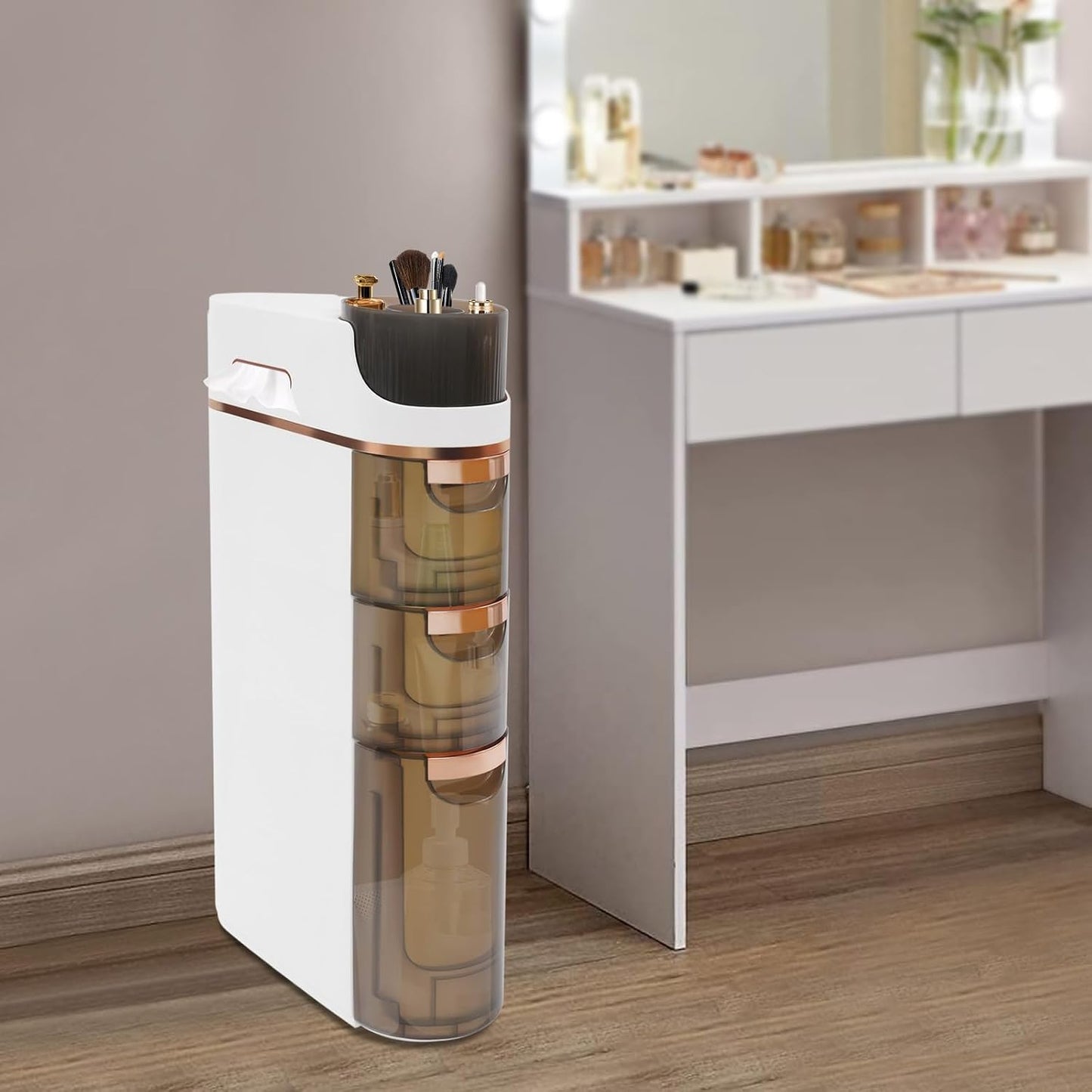 7.09 Inch Slim Bathroom Storage Cabinet with 3 Drawers, PP Narrow Rolling Organizer Cart with Tissue Slots No Assembly Required for Kitchen Laundry Small Spaces