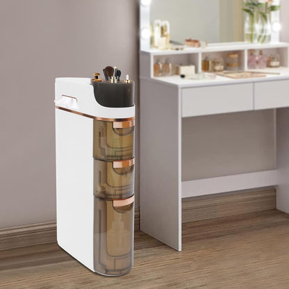 7.09 Inch Slim Bathroom Storage Cabinet with 3 Drawers, PP Narrow Rolling Organizer Cart with Tissue Slots No Assembly Required for Kitchen Laundry Small Spaces