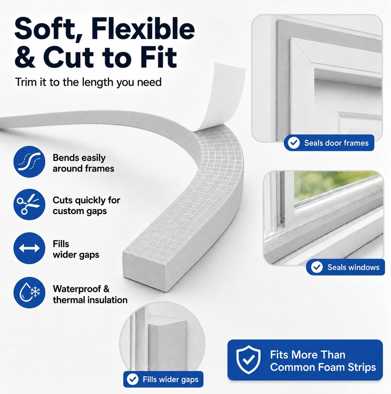 33FT EVA Foam Weather Stripping Door Seal, Self-Adhesive Weatherstrip Tape for Door Frame, Window Gaps, Soundproof Insulation