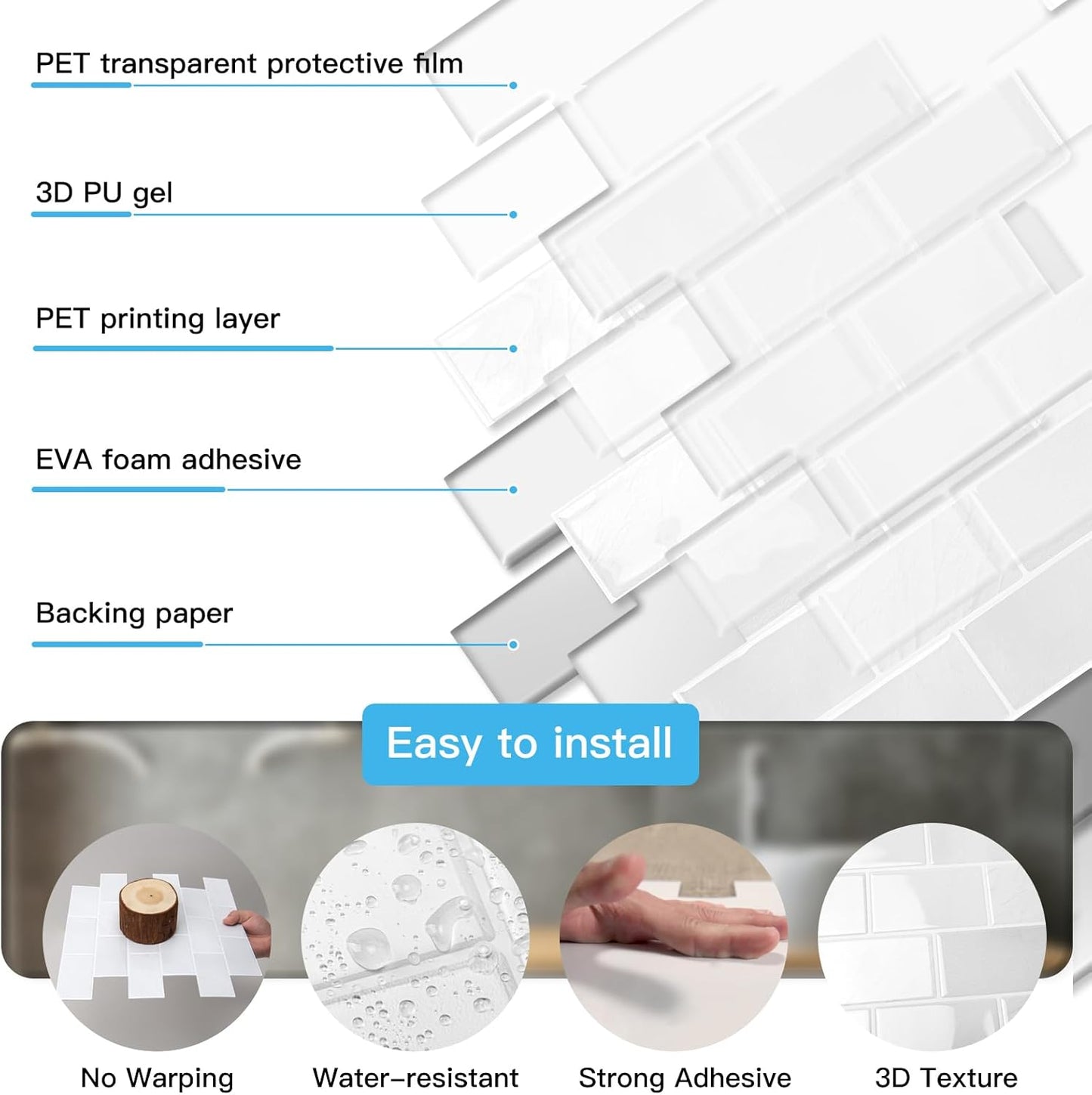 Art3d Peel and Stick Backsplash for Kitchen White Subway (10 Tiles, Thicker Design)
